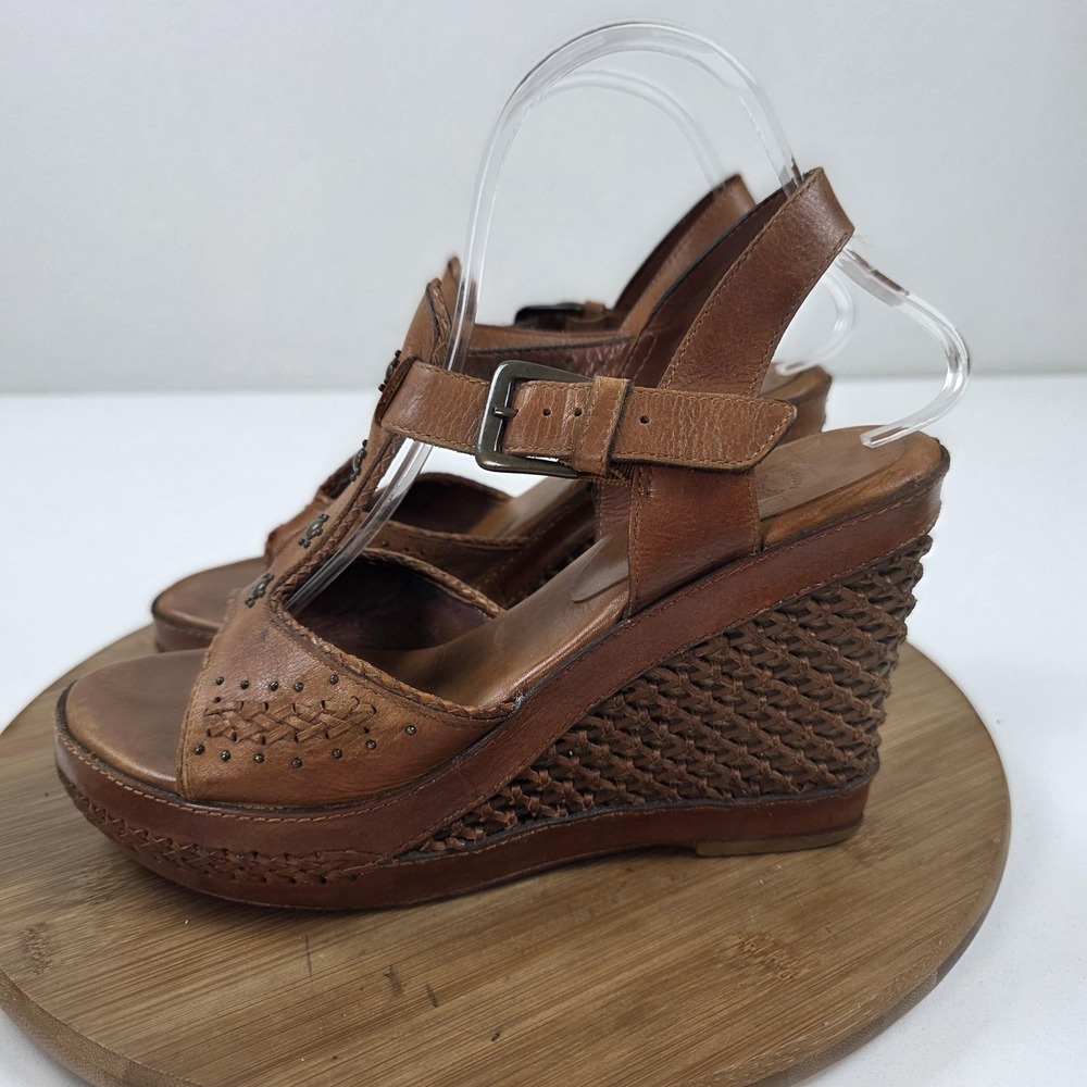 Frye Sandals Shoes Womens Size 9 Brown Leather Studded Wedge Espadrille Platform